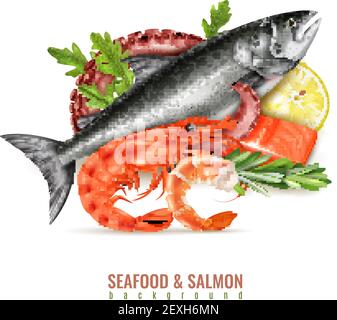 Meeresfrüchte Cocktail Zutaten realistische Zusammensetzung mit ganzen frischen Lachs Fisch Shrimps Krake Tentakel Zitrone Kräuter Vektor-Illustration Stock Vektor