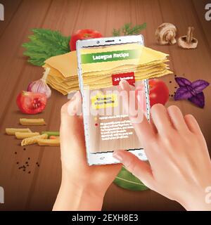 Smartphone Augmented Virtual Reality Touchscreen Kochen Anwendung erkennt Lasagne Zutaten vorschlagen Rezept realistische Zusammensetzung Vektor i Stock Vektor