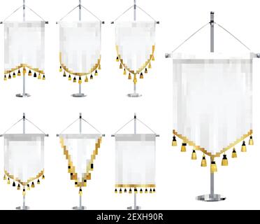 Blank weiß verschiedene Formen Wimpel mit goldenen Quaste Fransen auf Stahlspire Sockel realistische Set Vektor Illustration Stock Vektor