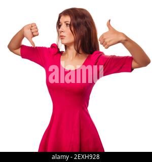 Mädchen Frau zeigt Zeichen ja und nein, Hand Finger isoliert auf whit Stockfoto