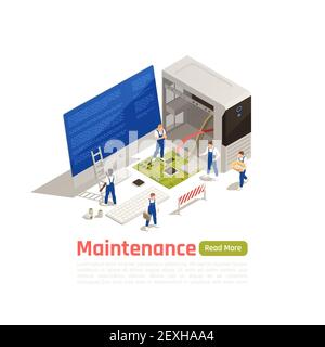 Wartung isometrisches Design-Konzept mit kleinen Technikern um große Ikone Der zerlegten Systemeinheit der zerbrochenen Computer-Vektor-Abbildung Stock Vektor