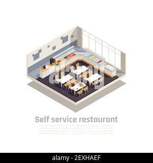 Self-Service-Restaurant isometrische Zusammensetzung präsentiert Interieur der gemütlichen schnell Vektorgrafik „Essen und Essen“ Stock Vektor