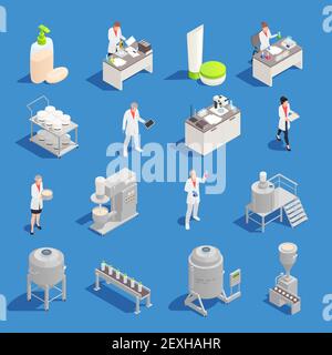 Kosmetik und Waschmittel Produktion isometrische Symbole mit Fabrik und eingestellt Illustration für isolierte Vektorgrafiken von Laborgeräten Stock Vektor