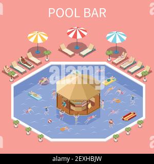 Wasserpark Aquapark isometrische Komposition mit Text und offenem Pool Landschaft Menschen und überdachte Deck bar Vektor-Illustration Stock Vektor