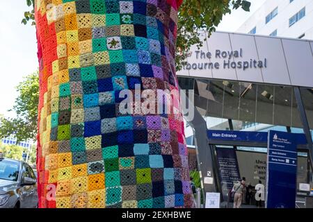 Ein Yarnborn Baum, der den Coronavirus-Frontmedizinern vor dem Royal Melbourne Hospital in Melbourne, Victoria, Australien, gewidmet ist Stockfoto