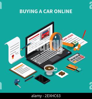 Autohaus isometrische Zusammensetzung mit Text und Desktop-Elemente Papiere Und Laptop mit Online-Automobil-Shop Vektor-Illustration Stock Vektor