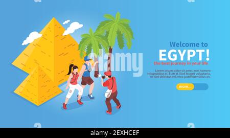 Willkommen in ägypten online Reiseplanung Buchung isometrische Website horizontal Banner mit Pyramiden Palmen Reisende Vektor-Illustration Stock Vektor