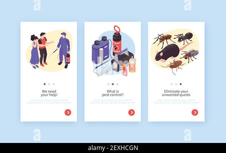 Schädlingsbekämpfung Hygiene Desinfektion Service isometrische vertikale Banner Set mit Rats Insekten Spezialisten Kunden Ausrüstung Vektor Illustration Stock Vektor