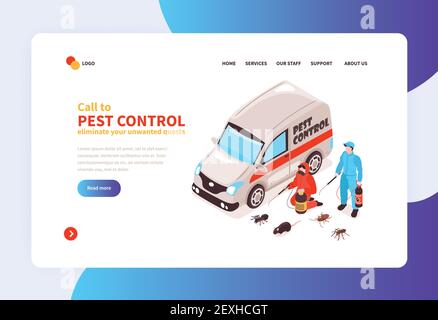 Schädlingsbekämpfung Haus Hygiene Desinfektion Service Online-Konzept isometrischen Hause Seite Banner mit Spezialisten Ankunft Vektor Illustration Stock Vektor