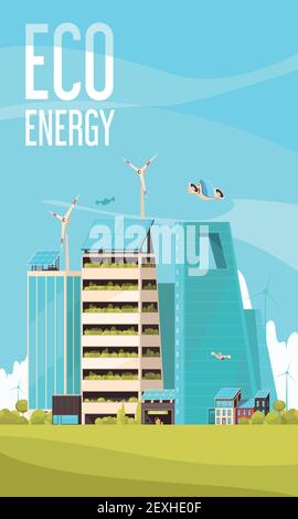 Smart City energieeffiziente Infrastruktur Cluster Gebäude mit Ökoenergie Flache vertikale Förderung Hintergrund Poster Vektor Illustration Stock Vektor