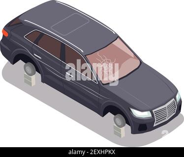 Transportkomposition mit schwarzem Auto ohne Reifen und mit gebrochenen Windschutz auf weißem Hintergrund 3D isometrische Vektorgrafik Stock Vektor