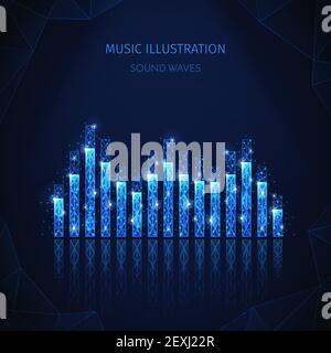 Musikmedien polygonale Drahtmodell-Komposition mit editierbarem Text und Bild Von Equalizer-Streifen mit glänzenden Partikeln Vektordarstellung Stock Vektor