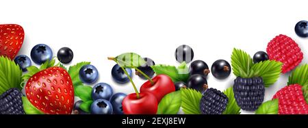 Berry Frucht realistischen Hintergrund mit leeren leeren Raum und bunt Rahmen mit Blättern und Beeren Bilder Vektor-Illustration Stock Vektor