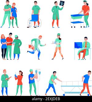 Krankenhaus Krankenschwester Arzt Chirurg medizinische Laborassistent Notfall Intensivpflege Personnel Flat Characters Set isolierte Vektordarstellung Stock Vektor
