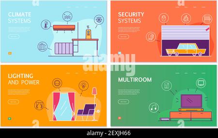 Smart House 4 flat Banner Konzept mit Internet of Thing Gesteuerte Beleuchtung Klima-Sicherheitssysteme Vektor-Illustration Stock Vektor