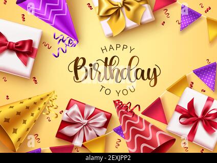 Alles gute zum Geburtstag Text Vektor Hintergrund-Design. Geburtstags-Typografie auf gelbem Hintergrund mit bunten Party-Elementen und Geschenken für Grußkarten Stock Vektor