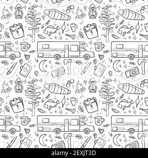 Wandern und Camping nahtlose Muster mit Reise-Elemente. Nahtlose Muster für Design, Poster, Hintergründe Wandern, Reisen und Camping Thema. Zelt, singen, Lagerfeuer, Karte, Kamera, Fernglas im Linienstil Stock Vektor