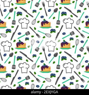 Muster mit Pfannkuchen und Heidelbeeren, Küchengeräten und einem Küchenhut. Stock Vektor