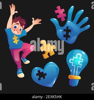 Junge und Symbole mit Puzzleteilen. Konzept von Autismus, psychischen Erkrankungen und Entwicklungsstörungen. Vector Cartoon Set mit Kind, Hand, Herz und Glühbirne mit Puzzle-Zeichen auf schwarz isoliert Stock Vektor