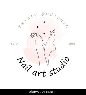 Vektor-Logo-Vorlage für Nail Art Studio. Modernes Design für Maniküre und Pediküre Salon Beauty und Spa-Center. Lineare Illustration isoliert auf rosa Stock Vektor