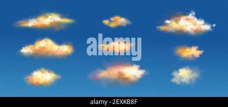 Realistische Wolken von gelben oder orangen Farben, Sonnenuntergang oder Sonnenaufgang flauschige Spindrift oder Cumulus Wirbel fliegende Wetter und Natur Design-Elemente isoliert auf transparentem Hintergrund, 3D Vektor-Icons gesetzt Stock Vektor