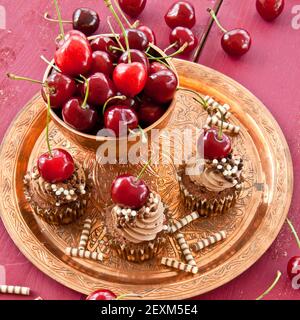 Schokoladentörtchen mit Kirschen Stockfoto