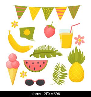 Hallo Sommer Set, Sammlung von Objekten isoliert auf weißem Hintergrund in Cartoon, skandinavischen Stil. Bananen-, Ananas-, Erdbeer- und Wassermelonenfrüchte. Sprechblase, Palmblätter und Sonnenbrille. . Vektorgrafik Stock Vektor