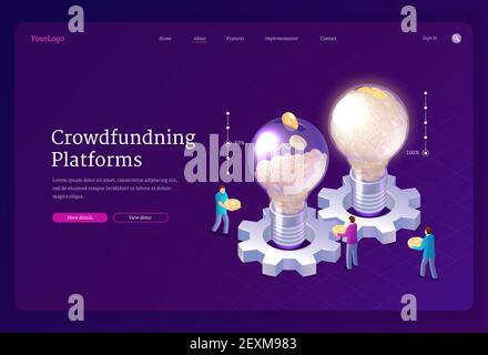 Crowdfunding-Plattformen isometrische Landing Page. Menschen spenden Geld für die Unterstützung der Idee setzen Münzen in riesige Glühbirnen glühen. Soziale Hilfe, Philanthropie, Spende und Wohltätigkeitskonzept, 3D Vektor-Webbanner Stock Vektor