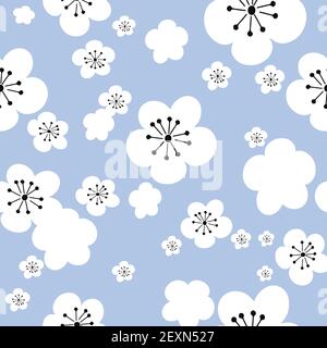 Vektor pastellblau Hintergrund weiße Kirschblüten sakura, 60ies 70ies vintage hippy Blumen, nahtlose Muster Hintergrund Stock Vektor