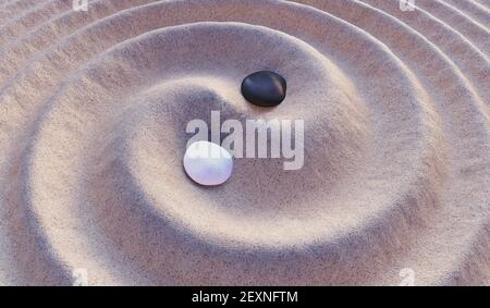 Schwarze und weiße Steine im Sand. Yin-Yang-Symbol. 3D gerenderte Abbildung. Stockfoto