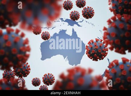 Pandemiekonzept. Coronavirus-Ausbruch in Australien. Viele Viren über der australischen Karte. 3D gerenderte Abbildung. Stockfoto