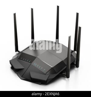 High Speed Wireless wi-Fi Black Router, Modem oder Range Extender mit sechs Antennen isoliert auf weiß. 3D Abbildung. Stockfoto