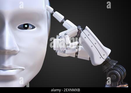 Konzept der künstlichen Intelligenz. Humanoider Roboter denkt. 3D gerenderte Abbildung. Stockfoto