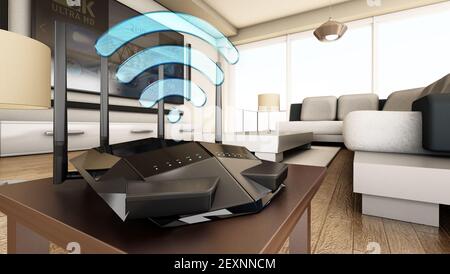 Highspeed-WLAN-Router, Modem oder Range Extender in einem modernen Raum. 3D Abbildung. Stockfoto