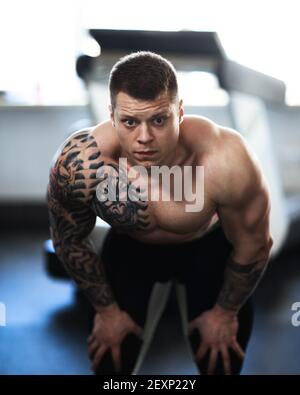 Attraktive junge Bodybuilder posiert in einer modernen Turnhalle. Stockfoto