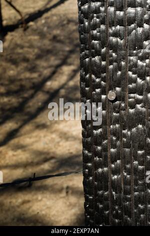 Gebranntes Holz Stacheldraht Fencepost Rusty Nail Verkohltes Holz Stockfoto
