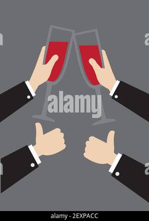 Vektor-Illustration der Hände in formellen langen Ärmeln Anzug klickende Weingläser und Daumen nach oben Gesten isoliert auf grauem Hintergrund. Konzept für Korpora Stock Vektor