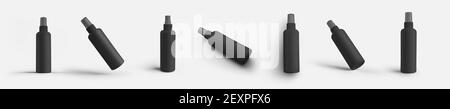 Mockup von schwarzen Plastikflasche mit Zerstäuber, transparente Kappe, leere Glas mit Spender für Design-Präsentation. Satz von Verpackungsvorlagen mit Pumpe Stockfoto