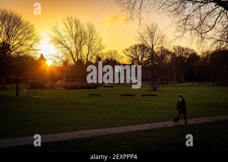 Salisbury, Großbritannien. März 2021, 5th. Ein Hundespaziergänger geht durch die Queen Elizabeth Gardens in Salisbury, wenn die Sonne aufgeht. Fotograf: Matthew Lofthouse/Alamy Live News Stockfoto