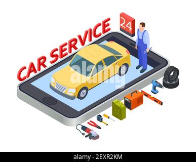 Mobile App für automatische Dienste. Isometrisches Car Service Vektor-Konzept mit Auto, Reparaturausrüstung, Reifen, Techniker Stock Vektor