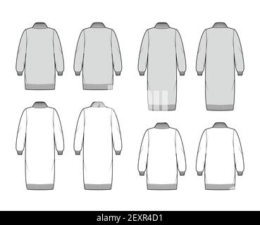 Set von Sweater Kleider technische Mode Illustration mit Rippenstrick Rollkragen, lange Ärmel, übergroß, Knie mini Länge, gestrickte Textur. Vorne flach, hinten, weiß. Frauen, Männer Unisex CAD mockup Stock Vektor