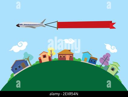 Vektor-Illustration eines Flugzeugs mit einem leeren Banner mit Kopie Raum fliegen über der Erde, vertreten durch grüne geschwungene Landschaft, und bunte Schlepptau Stock Vektor