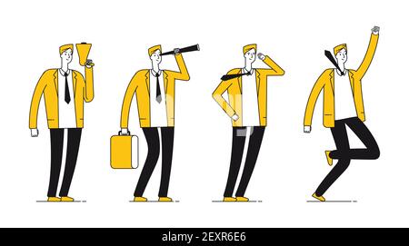 Geschäftsmann-Charakter. Flach erfolgreicher Geschäftsmann in verschiedenen Posen. Glückliche Linie männlich Vektor-Illustration Stock Vektor