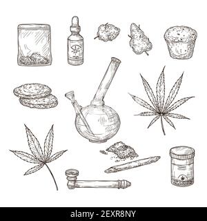 Skizzieren Sie Cannabis. Medizinische Marihuanablätter, Unkrautgelenk und Bong, cbd-Öl. Handgezeichneter Ganja-Vektor-Satz. Illustration Skizze Cannabis Unkraut, natürliche Bio-Hanf Stock Vektor