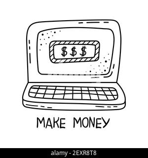 Doodle der Illustrationen des Verdiens des Geldes auf dem Internet. Ein Laptop für die Arbeit. Freiberuflich. Stock Vektor