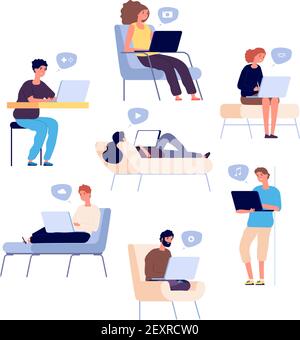 Leute surfen im Internet. Personen verbringen Zeit online mit Laptop, Computer und E-Mail und Social Media, Musik hören. Vektorset. Soziale Medien online, Menschen Surfen verwenden Gerät Illustration Stock Vektor