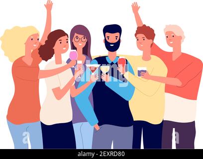 Trinkende Freunde. Gruppe von lustigen Jungs klinken Gläser mit Alkohol Getränke und Toast machen. Weihnachtsfeier Vektor flach Konzept. Illustration glücklich Freund Cheers Alkohol trinken Stock Vektor