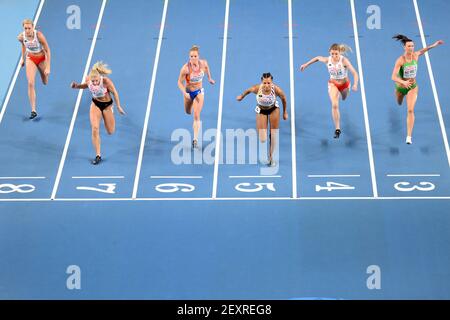 Der Belgier Nafissatou Nafi Thiam wurde in Aktion während des 60m Hürden Rennen der Frauen Pentathlon Veranstaltung der Europäischen Leichtathletik Indoor Championsh Stockfoto