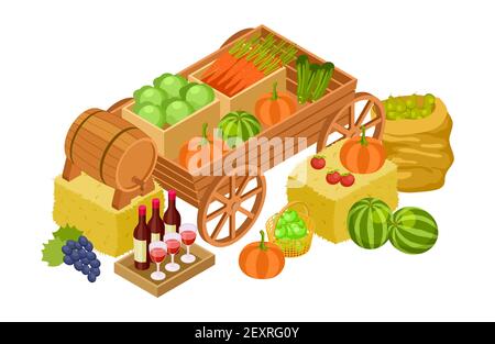 Konzept des Erntemarktes. Isometrische frische landwirtschaftliche Produkte. Vector Handwerk Wein, Bio-Gemüse, Obst. Illustration Bio Ernte, frisches Produkt Stock Vektor