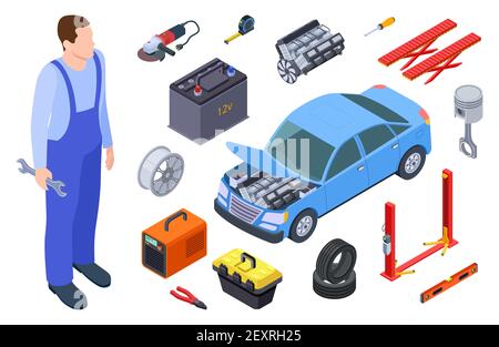 Auto Mechaniker und Auto-Werkzeug. Isometrischer Techniker, Auto-Industrie-Ausrüstung, Auto-Vektor-Elemente. Auto-Reparatur-Service, Illustration Fahrzeug Mechaniker Stock Vektor